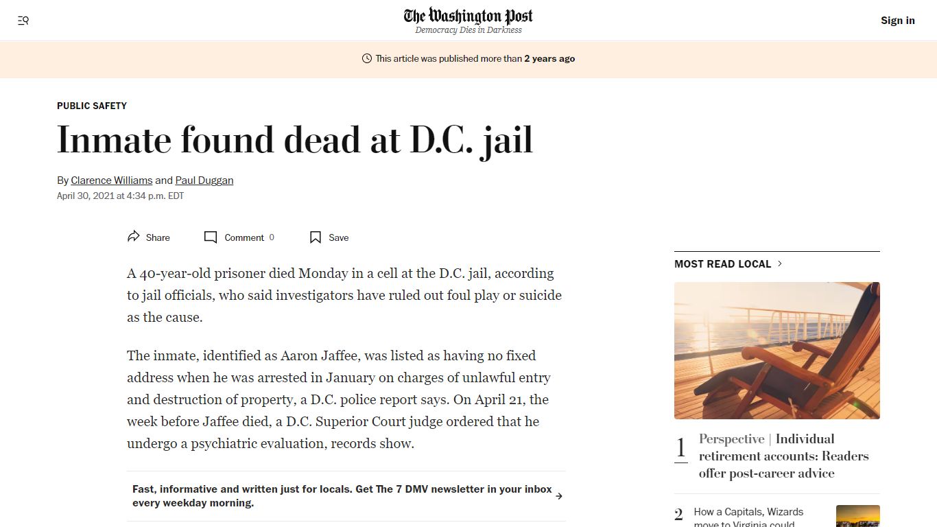 Inmate found dead at D.C. jail - The Washington Post